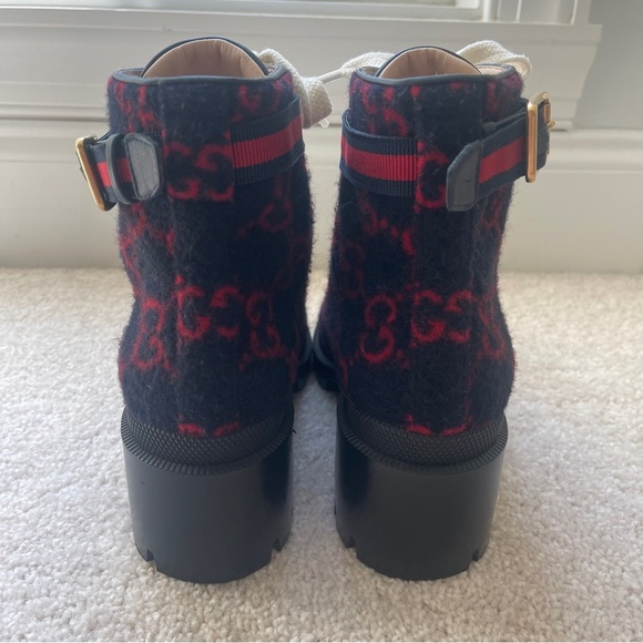 GUCCI Trip GG logo wool combat boots Navy Red - Picture 5 of 13